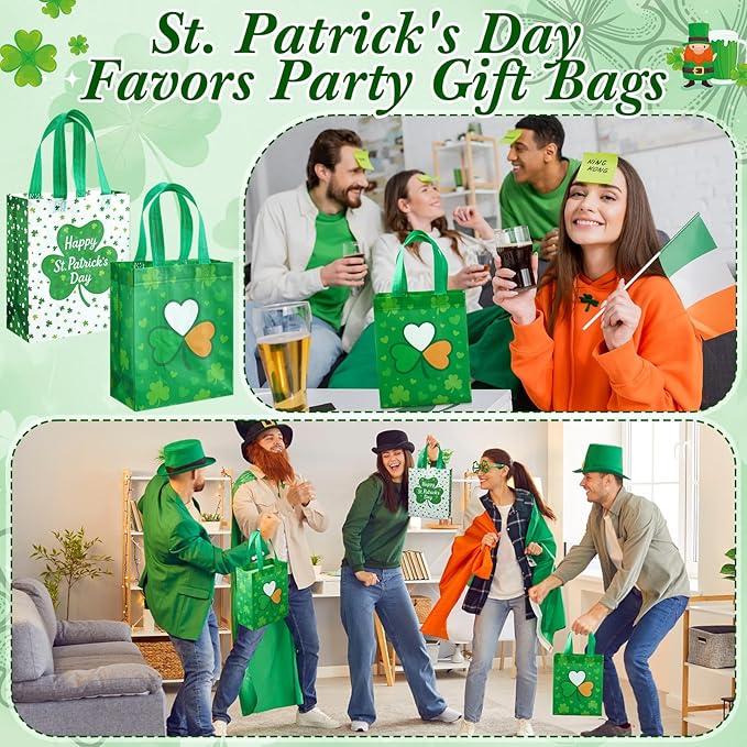 Wovnet 30 Pcs St. Patrick's Day Gift Bags with Handle Shamrock Party Favors Green Reusable Non Woven Goodie Treat Bags Clover Tote Irish Festival Themed Party Supplies 10 x 8 x 4in