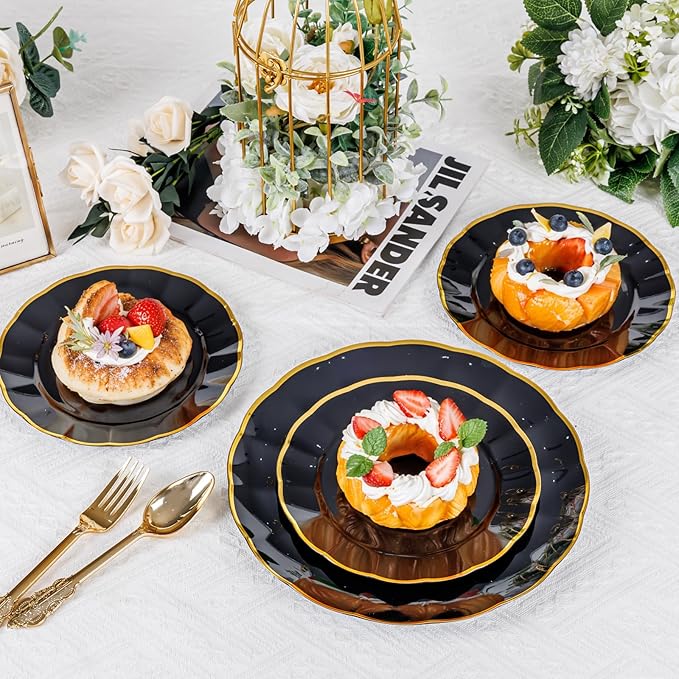supernal 60pcs Black and Gold Birthday Plates Plastic Plates for Party and Fancy Disposable Plate Heavy Duty Scalloped Plate Wedding Disposable Dinnerware Included 30 Dessert & Dinner Plate