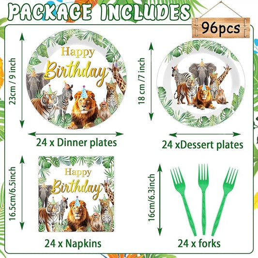 96Pcs Jungle Animals Plates and Napkins Safari Happy Birthday Party Decorations Zoo Party Dessert Plates Wild Animals Lion Tiger Theme Tableware for 24 Guests Men Woman Adults Birthday Supplies