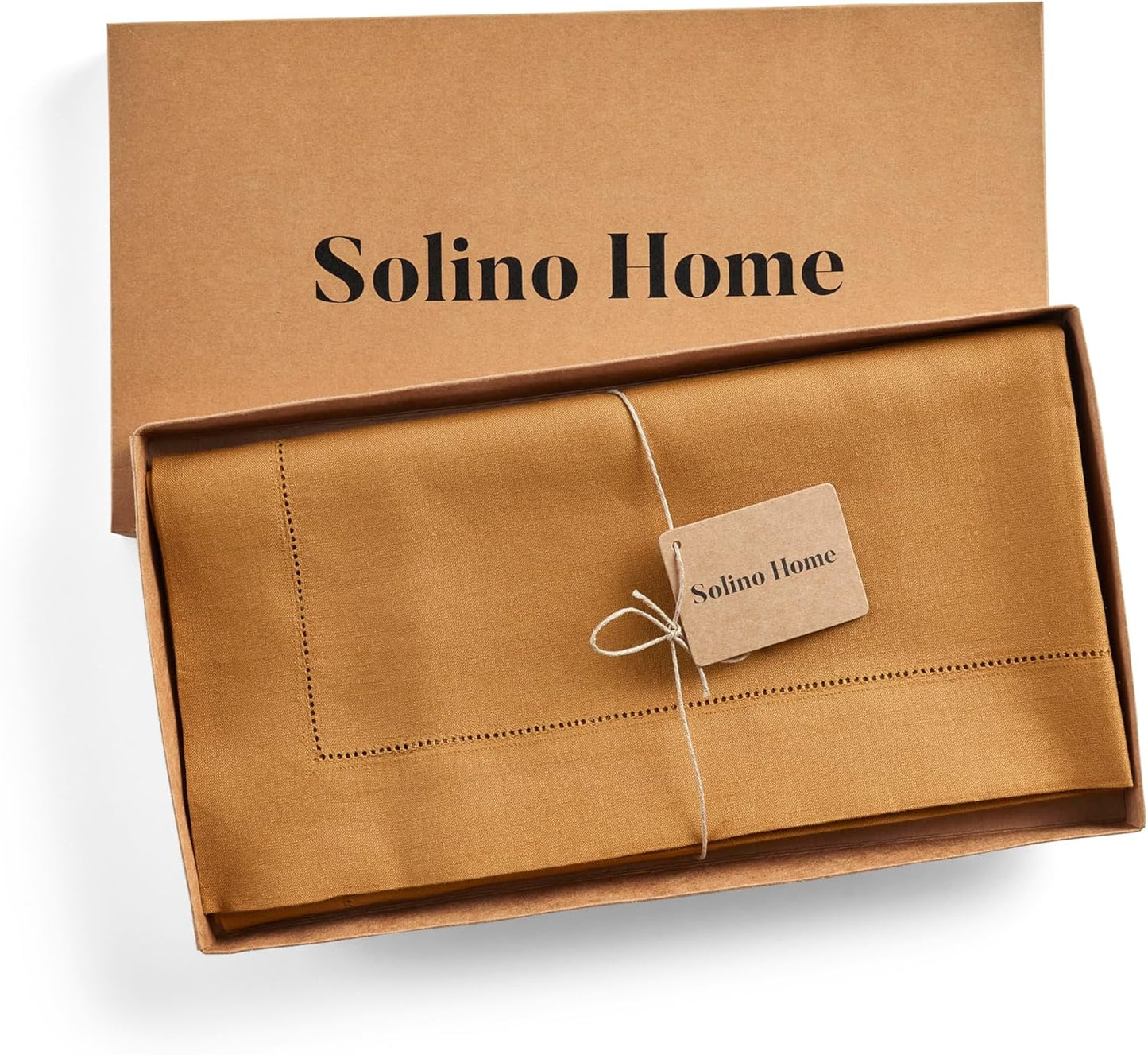 Solino Home Square Linen Tablecloth 52 x 52 Inch - 100% Pure Linen Brown Sugar Table Throw - Classic Hemstitch, Machine Washable Table Cloth for Fall, Autumn, Thanksgiving