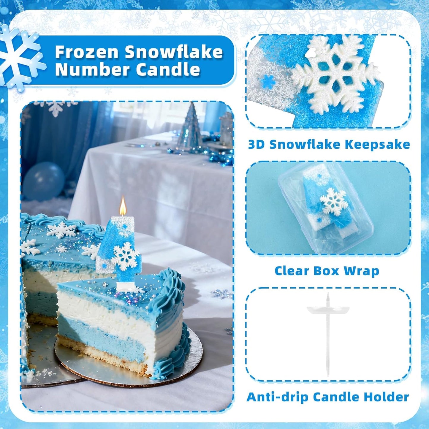 Frozen Birthday Party Decorations, Number 4 Birthday Candle, Frozen Birthday Party Favors, Happy Birthday Candle for Cake, Blue Snowflake Cake Topper Decoration for 4th 4 Year Old Party Favor Supplies