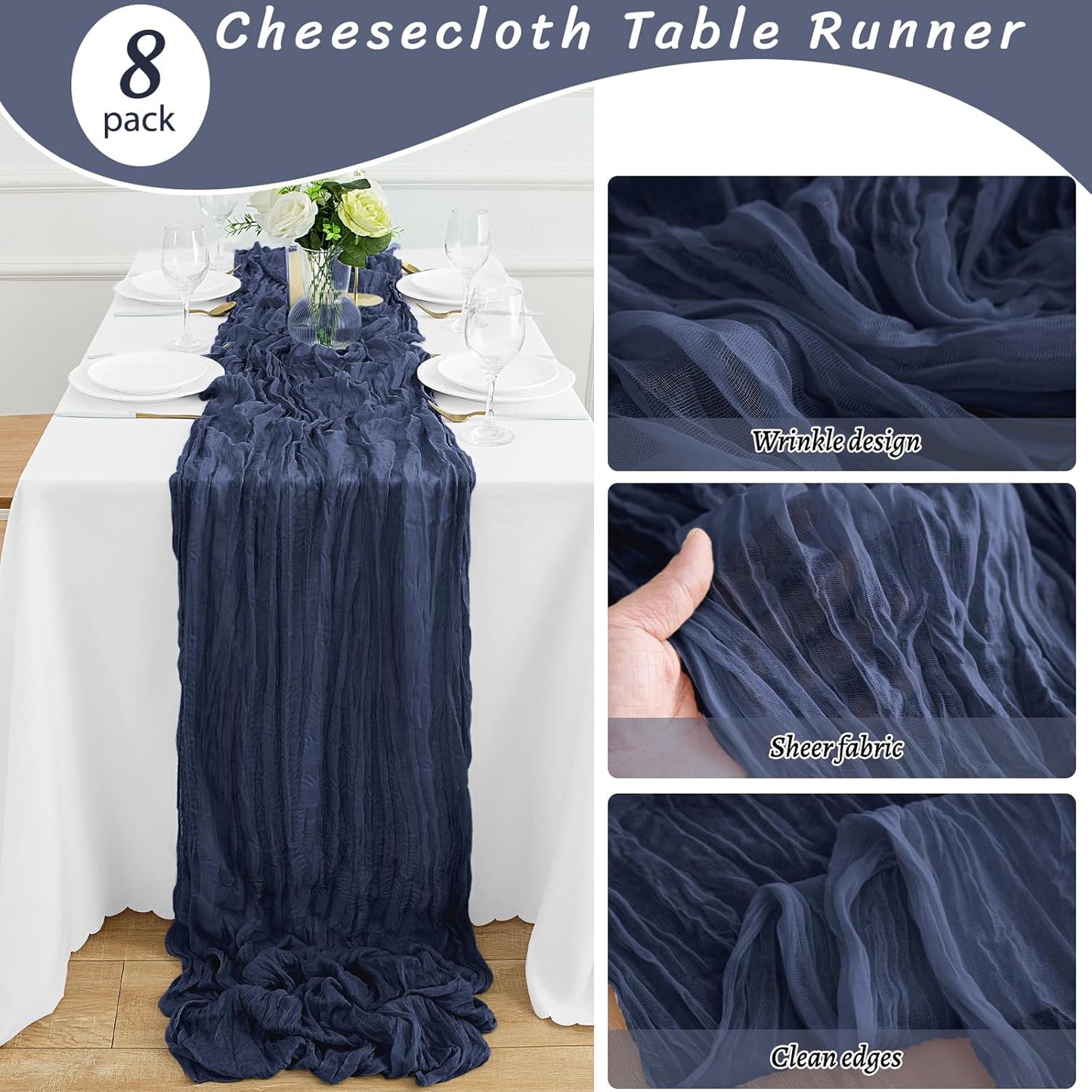 8Pack Navy Blue Table Runner 10FT Cheesecloth Table Runner 35x120Inch Long Boho Cheese Cloth Table Runners Rustic Gauze Table Runners for Party Wedding Bridal Shower Baby Shower Decorations
