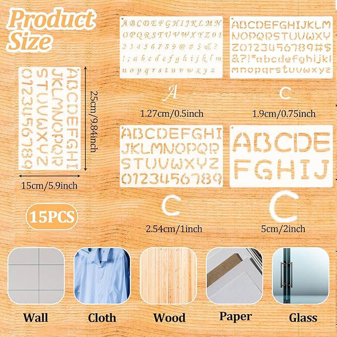 15 Pack Letter Stencils for Painting, Reusable Alphabet Stencils Plastic Letter and Number Stencil Templates Kit for Scrapbook, DIY Crafts, Art Projects (1/2, 3/4, 1, 2 Inch)