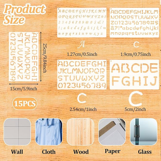15 Pack Letter Stencils for Painting, Reusable Alphabet Stencils Plastic Letter and Number Stencil Templates Kit for Scrapbook, DIY Crafts, Art Projects (1/2, 3/4, 1, 2 Inch)