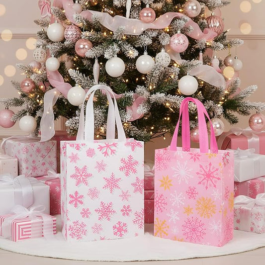 Wovnet 30 Pcs Christmas Bags Bulk Pink Snowflake Winter Merchandise Gift Bags with Handles Reusable Non Woven Tote Shopping Goodie Pouch for Xmas Party Favors 10 x 8 x 4in