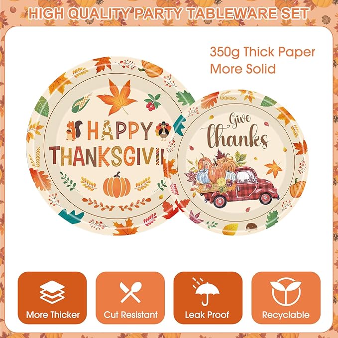 102 Pcs Thanksgiving Party Supplies Sets - Includes Happy Thanksgiving Dinner Paper Plates Napkins, Give Thanks Banner Dessert Plates Cups Tablecloth for Fall Thanks Giving Party Decorations, Serve 25