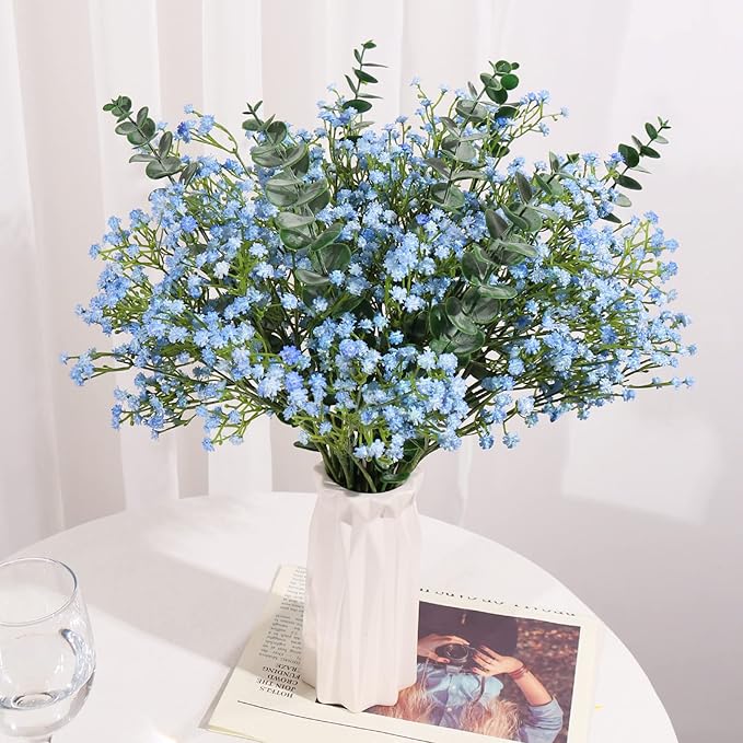DEEMEI 18pcs Babys Breath Artificial Flowers Fake Eucalyptus Leaves Flowers Bouquet Artificial Blue Gypsophila Bouquets Real Touch Faux Flowers for Wedding Floral Arrangement Party Home Decoration