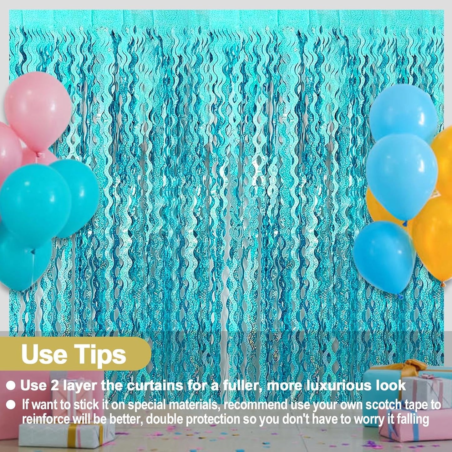 4 Pack Lake Blue Fringe Curtain Backdrop 3.2Ft x 8.2Ft Metallic Tinsel Foil Fringe Streamers Background for Photo Booth, Easter, Mother's Day, Bachelorette, Wedding, Birthday Party Decoration