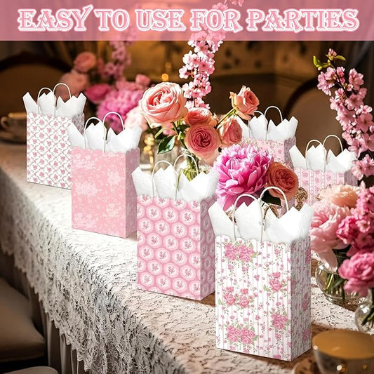 Kolldenn 24 Pcs Vintage Floral Party Gift Bags with Handles Paper Candy Treat Goodie Bags Scalloped for Birthday Decoration for Bridal Baby Shower Tea Party Supplies