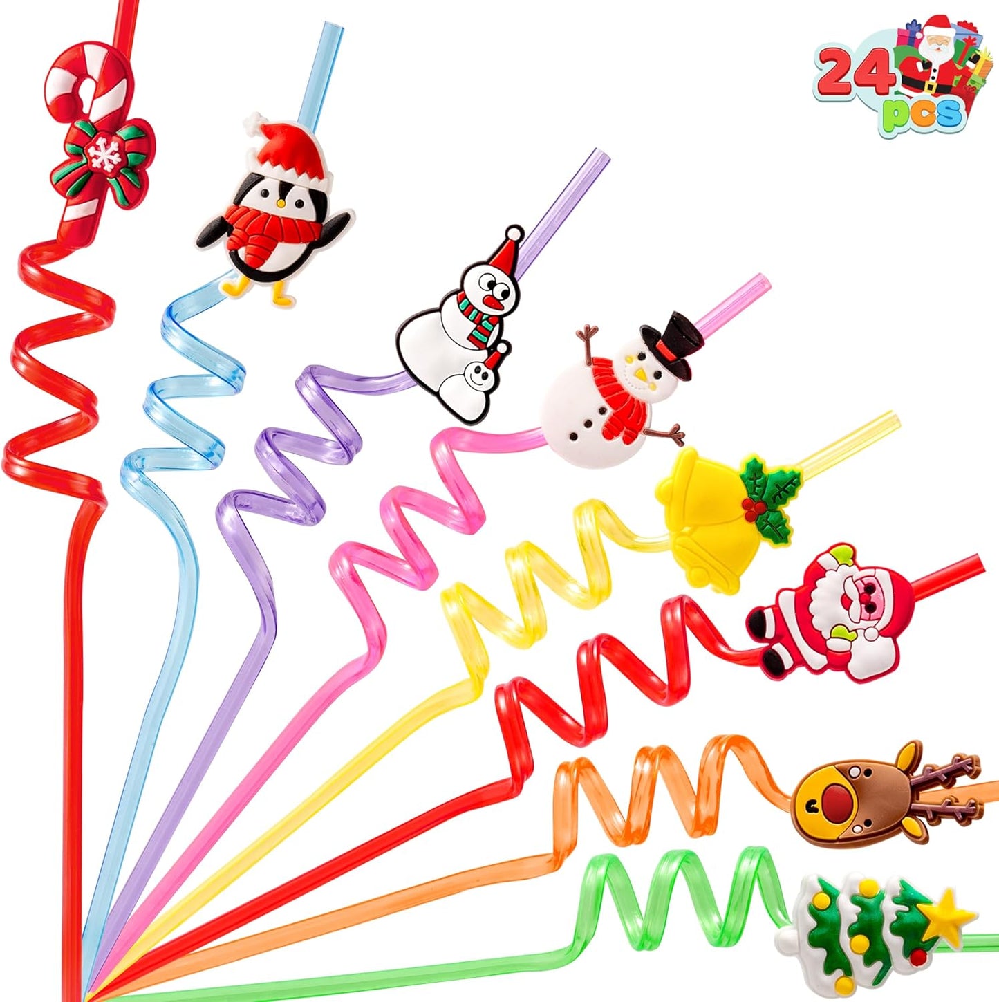 JOYIN 24 PCS Christmas Plastic Straws, 8 Colors Reusable Drinking Straws for Xmas Party Favors Kid-Friendly Supplies, Christmas Party Decorations, Goodie Bags Stuffers Fillers for Kids.