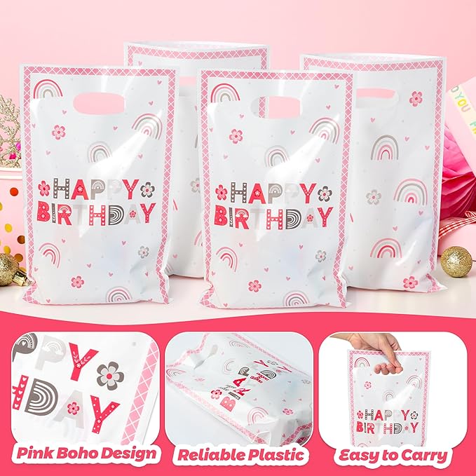 50Pcs Pink Boho Birthday Party Favor Bags, Plastic Boho Rainbow Goodie Candy Treat Gift Bag with Handles Retro Groovy Girls Kids Birthday Party Supplies Decorations