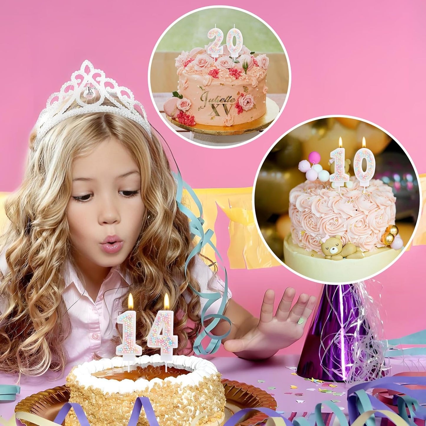 14th Birthday Candle Macaron Glitter 3D Pastel Number 14 Candles for Birthday Cakes Girl Women Sweet Theme Birthday Wedding Anniversary Party Cake Decoration