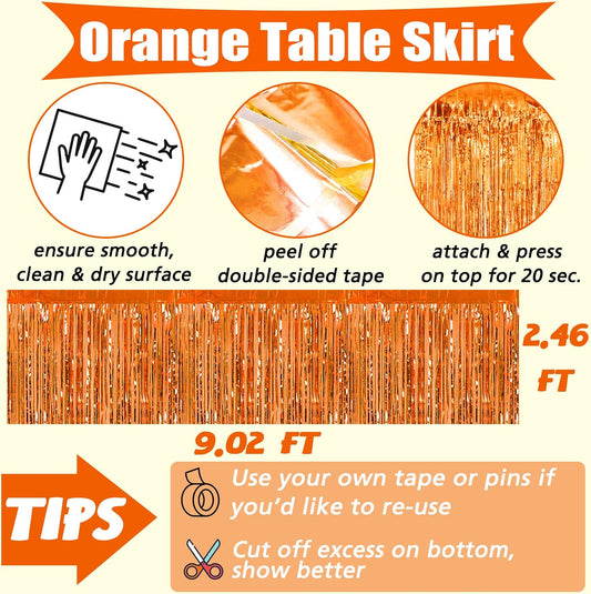 6 Pack 29x108 Inch Orange Metallic Foil Fringe Table Skirts Banner for Tinsel Streamer Garland Curtains Backdrop for Parade Floats Wedding Baby Shower Birthday Christmas Halloween Party Decoration