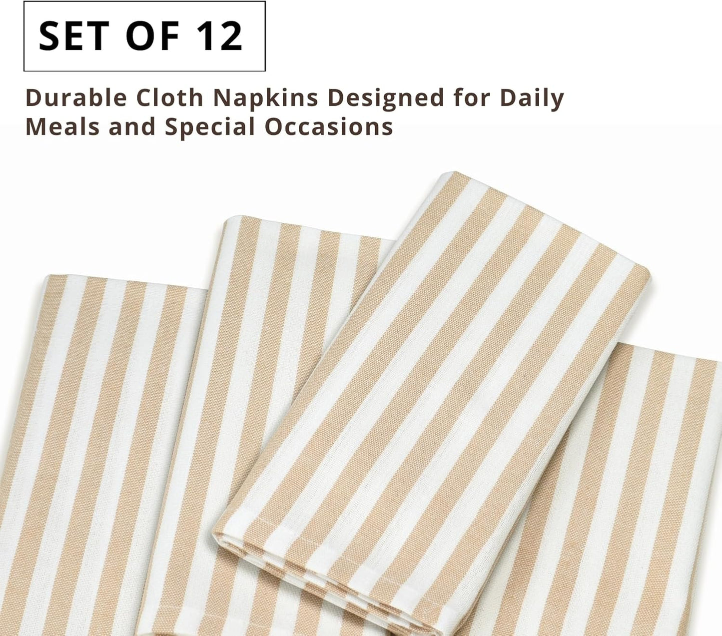 PurpleEssences Plain Striped Cloth Napkins - Set of 12-100% Cotton - 18 x 18 Inch - Fall Thanksgiving - Perfect Everyday Use Dinner Napkin - Beige and White