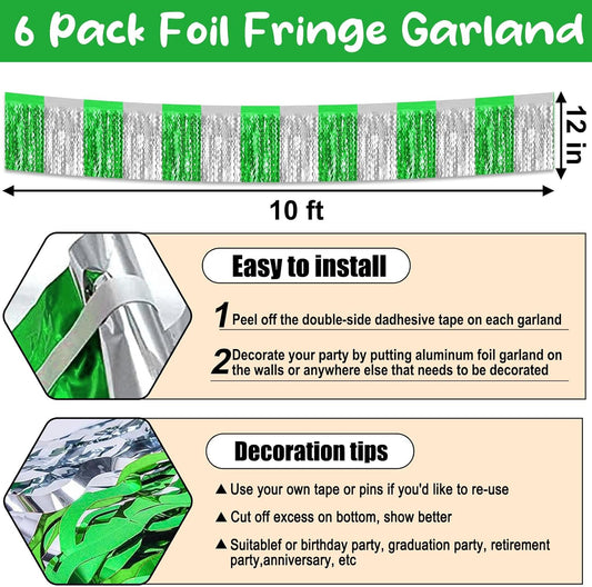 6 Pack 10 Feet Silver Green Wave Foil Fringe Garland Metallic Tinsel Streamers Banner Wall Hanging Curtain Backdrop for Parade Floats, Mother's Day, Easter, Wedding, Birthday Party Decoration