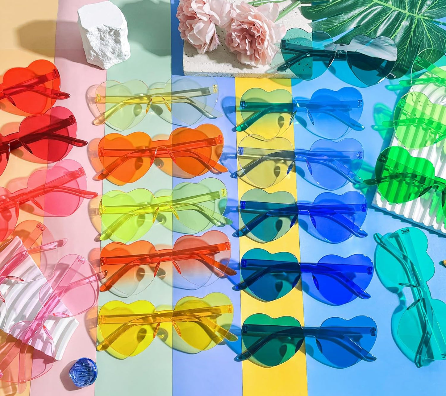 Matcheck 20/40 Pack Colored Rimless Sunglasses Bulk Heart/Star Shaped Candy Color Glasses Frameless Party Eyewear for Adults