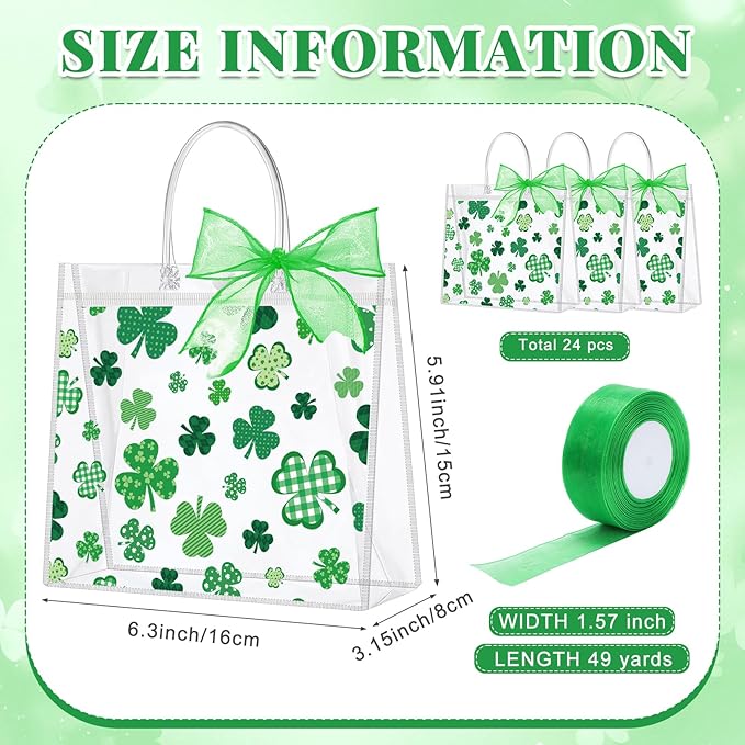 Wesnoy 24 Pcs St Patricks Day Clear Gift Bags with Handles Shamrock PVC Treat Totes with Ribbon Green Clover Gift Wrapping Bag Bulk for Irish Party Favor Supplies Holiday Gifts, 6.3 x 5.9 x 3.2 Inch