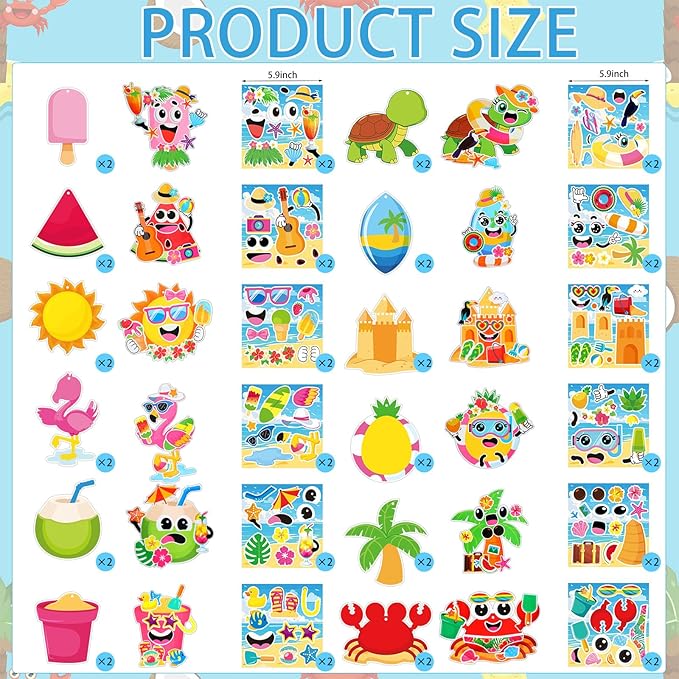 Frienda 48 Set Summer Make a Face Paper Sticker Craft Kit Hawaii Tropical Pool Beach Crafts Make Your Own Pineapple Flamingo Hawaii Sticker for Summer Party Favors Classroom Luau Game Rewards Gift