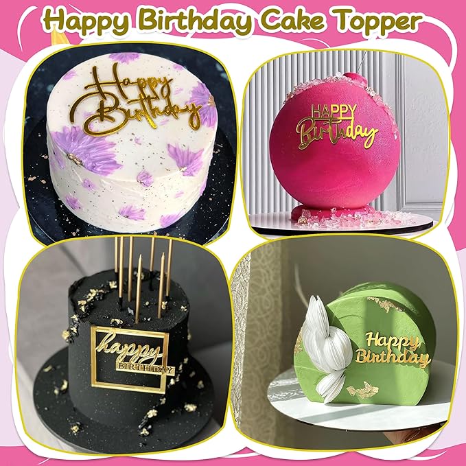 15Piece Gold Happy Birthday Cake Toppers Acrylic Mirror Inserts for Cakes Cupcakes Desserts 15 Styles