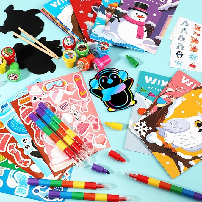 BenLouis Winter Party Favors Set Holiday Themed Coloring Book Classroom Gift Prizes Bulk for Students Kids Christmas Frozen Birthday Goodie Bag Stuffers Pinata Filler (48Set Animals)
