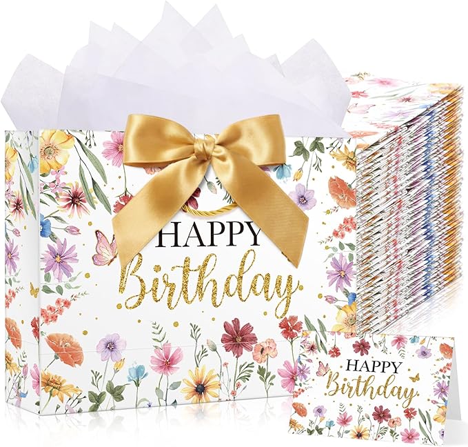 Maitys 12 Sets 13" Large Wildflower Birthday Gift Bags with Handle, Tissue Papers, Ribbons and Greeting Cards Spring Floral Butterfly Paper Bags Bulk for Women Baby Shower Party Decorations Supplies
