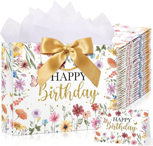 Maitys 12 Sets 13" Large Wildflower Birthday Gift Bags with Handle, Tissue Papers, Ribbons and Greeting Cards Spring Floral Butterfly Paper Bags Bulk for Women Baby Shower Party Decorations Supplies