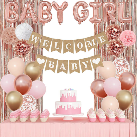 Ouddy Party Rose Gold Baby Shower Decorations for Girl with Welcome Baby Banner Baby Girls Rose Gold Pink Gold White Foil Balloons Fringe Curtains Paper Pom Poms for Baby Shower Reveal Party Supplies