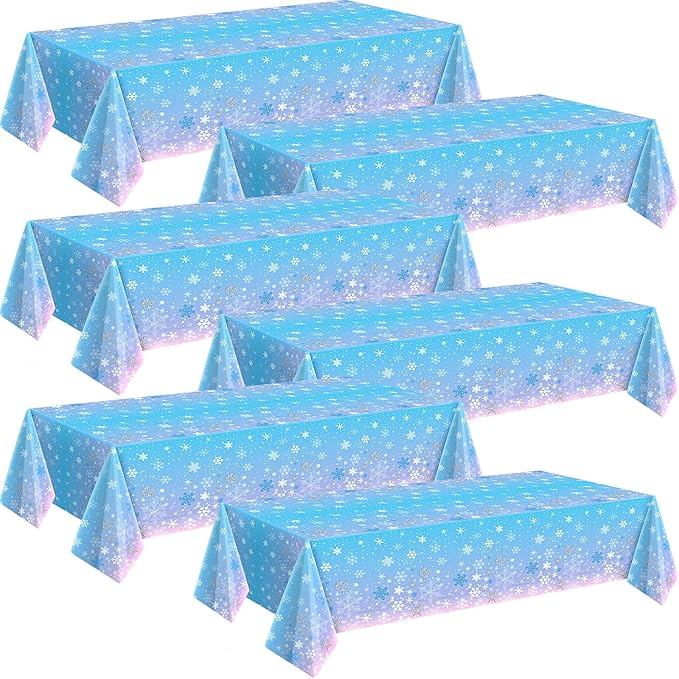 Buryeah 6 Pcs Winter Snowflake Disposable Tablecloth Decorations, Blue and Purple Wonderland Plastic Table Cover 54 x 108 Inch Christmas Dining Tablecloth for Winter Holiday Theme Party Supplies