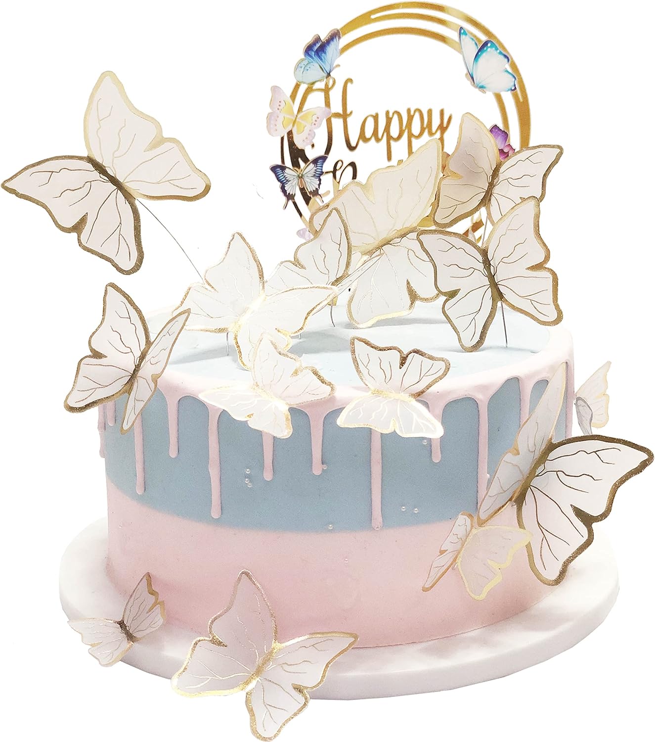 Butterfly Cake Toppers Decorations - 1 Big Happy Birthday Cake Topper & 15Pcs 3D White Gold Butterfly Cupcake Toppers - Perfect for Women Girl's Birthday