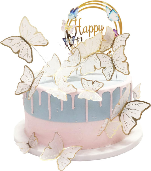 Butterfly Cake Toppers Decorations - 1 Big Happy Birthday Cake Topper & 15Pcs 3D White Gold Butterfly Cupcake Toppers - Perfect for Women Girl's Birthday