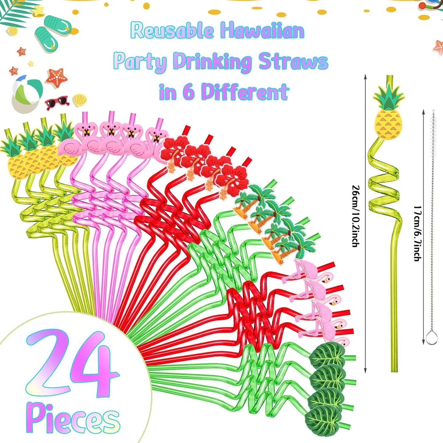 Zopeal 24 Pcs Hawaiian Reusable Plastic Straws with 2 Cleaning Brush Luau Theme Straws Flamingo Drinking Aloha Party Favors for Birthday Beach Pool Party Supplies