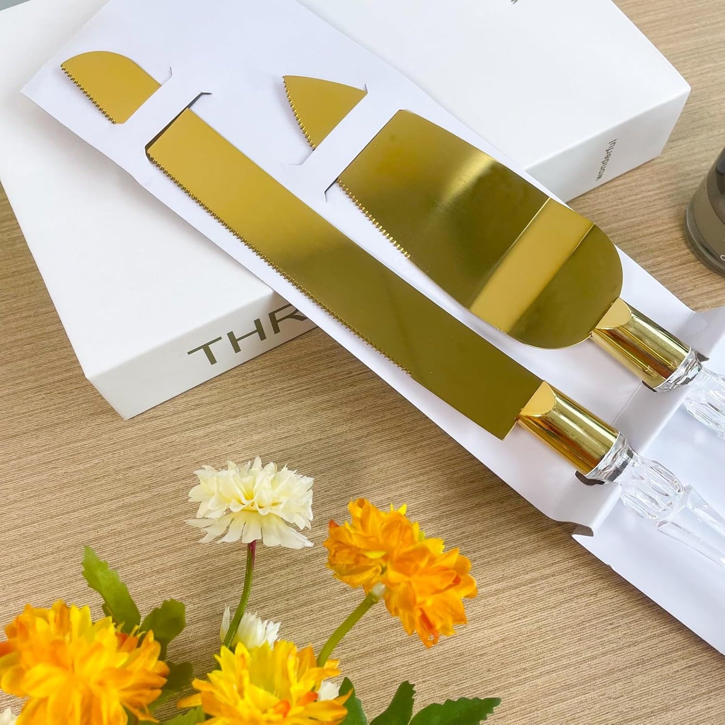 Adorox Elegant Cake Knife and Server Set - Stainless Steel with Crystal Handle - Perfect for Weddings & Anniversaries,and Special Celebrations (Gold)