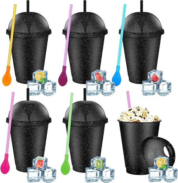 6 Set Slushie Cups with Dome Lids and Straws Detachable Spoon Straws Reusable Plastic Iced Coffee Cups Smoothie Tumbler for Birthdays Summer Party Supplies(Black,16 oz)