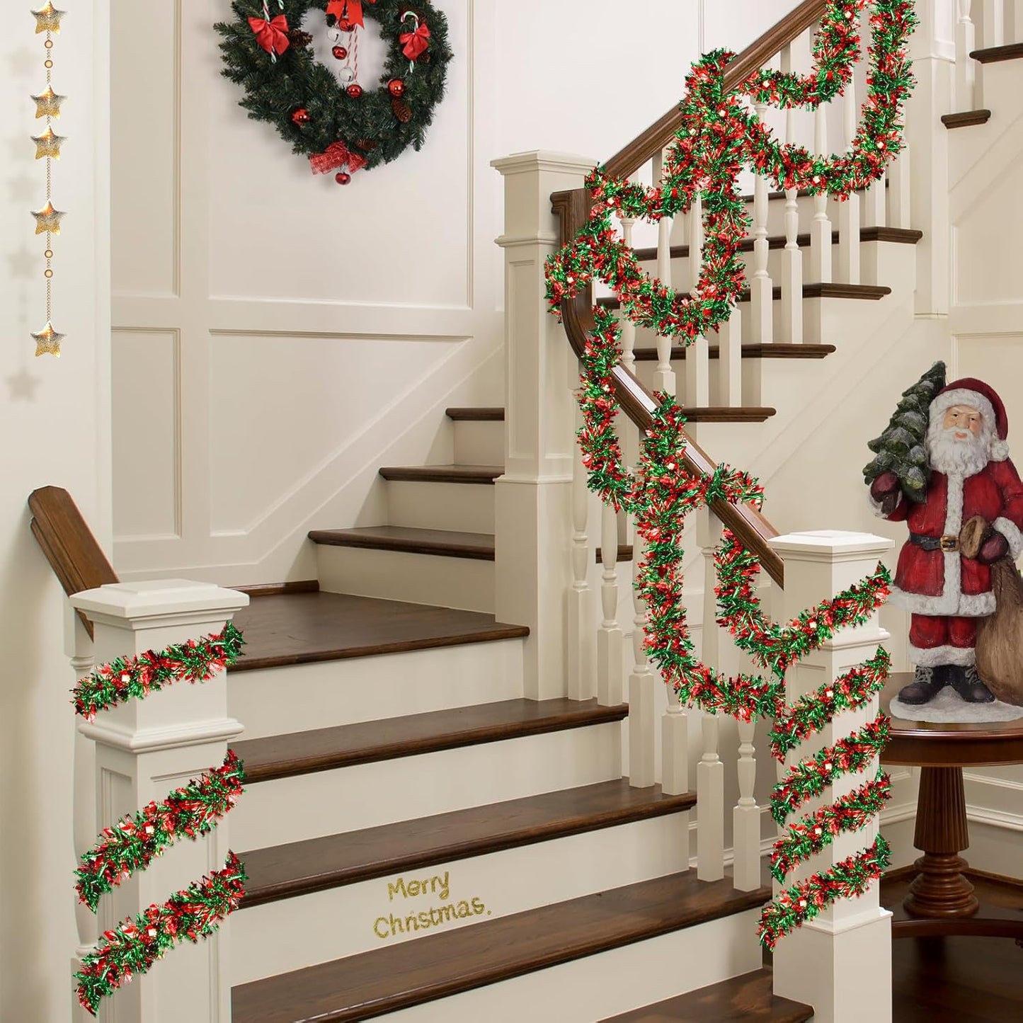 50 Feet Christmas Tinsel Garland Metallic Tinsel Garland Christmas Tree Decorations for Christmas Indoor and Outdoor Decor (Green and Red)