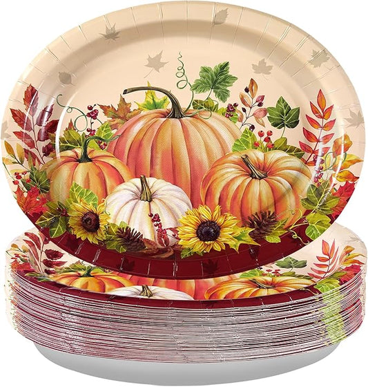 Grencian 50Pcs Fall Oval Paper Plates 10" x 12" Large Disposable Heavy Duty Pumpkin Plates Thanksgiving Pumpkin Sunflower Paper Platters for Thanksgiving Fall Harvest Holiday Decorations