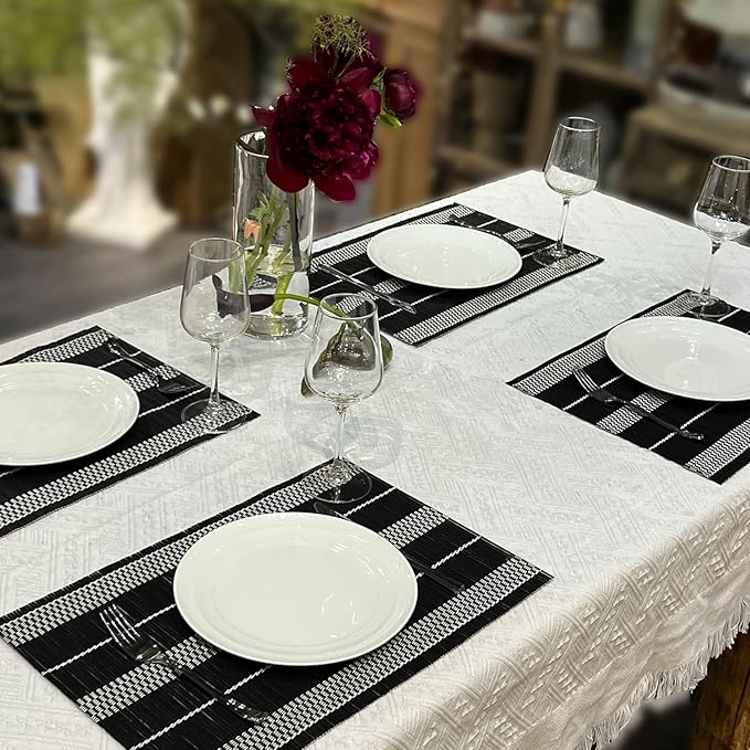 ANDSTAR Set of 8 Pcs Bamboo Placemats Natural Anti-Slip Bamboo Placemats Washable Heat-Resistant Table Mats for Dining Room and Kitchen （Black+White）