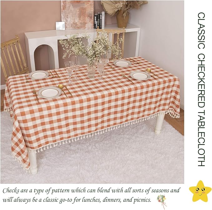 Rustic Gingham Tablecloth, Cotton Buffalo Plaid Table Cloth for Fall Thanksgiving Christmas Kitchen Restaurant Holiday Outdoor Picnic Decoration（Rectangle/Oblong, 55x120,Orange