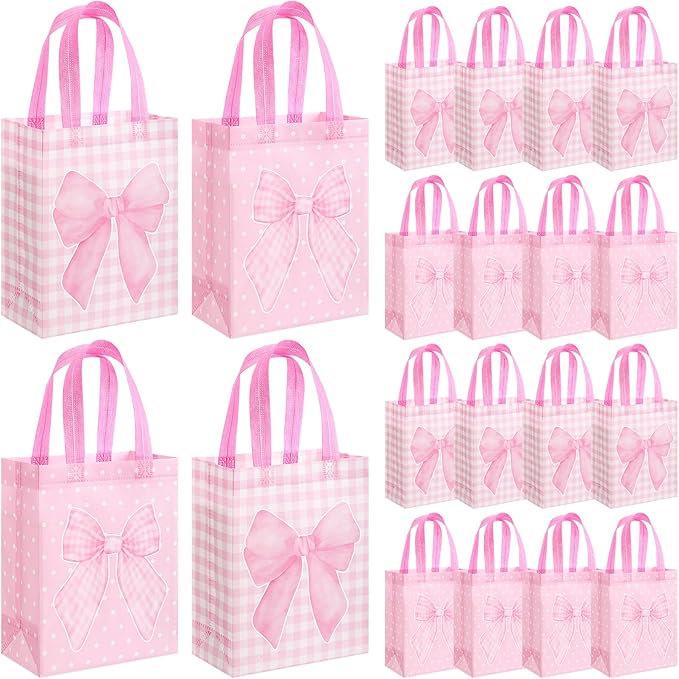 Wovnet 30 Pcs Pink Bow Gift Bags Reusable Non Woven Party Favor Bag Coquette Bow Goodie Treat Bags with Handle for Girls Wedding Bridal Shower Tea Party Birthday 10 x 8 x 4in