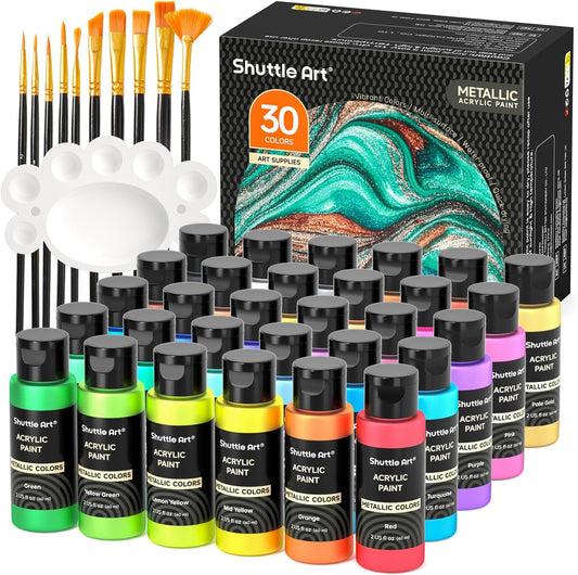 Shuttle Art 30 Colors Metallic Acrylic Paint, Artist Grade Metallic Paint in Bottles (60ml, 2oz), Rich Pigmented, High Viscosity, Non-Toxic for Artists, Beginners on Rocks Crafts Canvas Wood Fabric