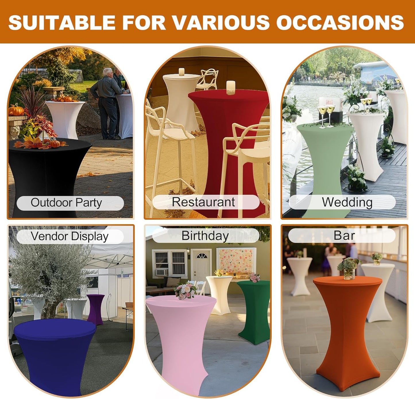 Cocktail Table Covers-Spandex Round High Top Table Cloths 6 Pack 32x43 Inch-Rust Stretch Fitted Bar Tall Tablecloth for Pub Bistro Highboy Party Event Banquet Height Folding Satnding Tables