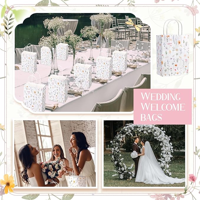 Kolldenn 24 Pcs Welcome Bags for Wedding Hotel Guests Birthday Party Paper Gift Bags with Handles for Halloween Bridal Birthday Party Favor, 8.3'' x 5.9'' x 3.1''(Wildflower)
