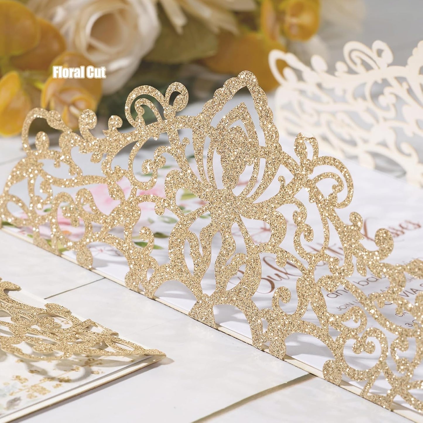 50Pcs Glitter Floral Laser Cut Wedding Invitation Cards with Envelope Blank Inner Sheet and Ribbon for Wedding Engagement Bridal Shower Party Invite(7.09 X 4.92inch, Rose Gold)
