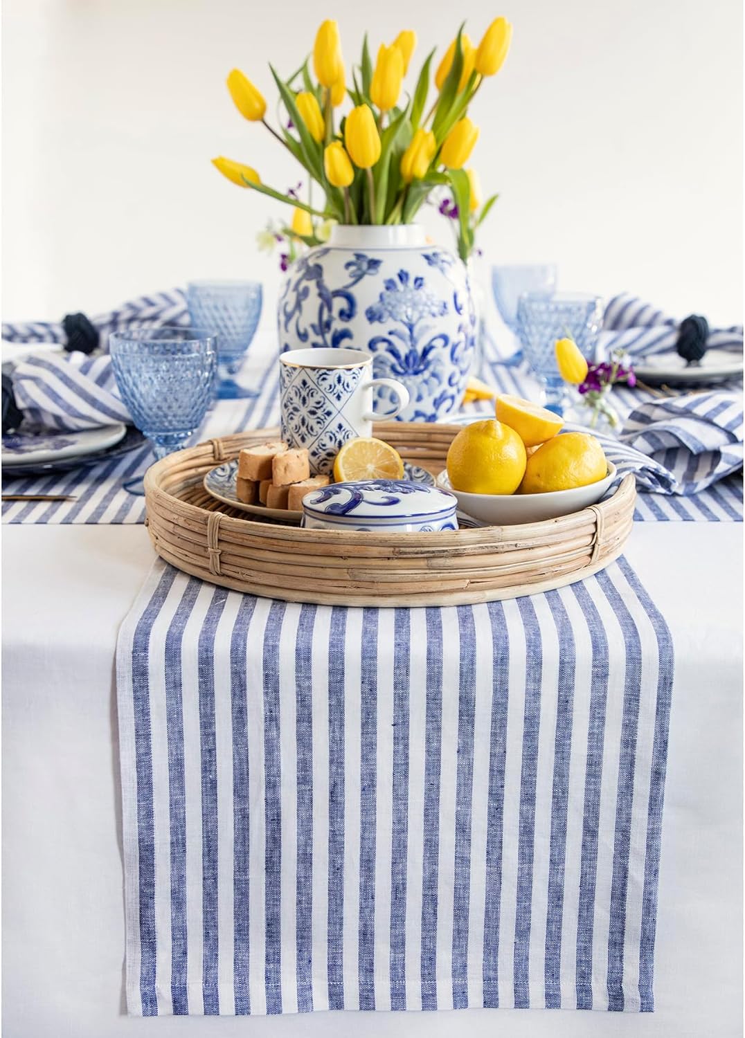 Solino Home Linen Table Runner 60 Inches - Amalfi Stripe 100% Pure Linen Navy and White Table Runner 14 x 60 Inch Ideal for Dresser and Coffee Tables - Fall, Autumn, Halloween, Thanksgiving, Christmas