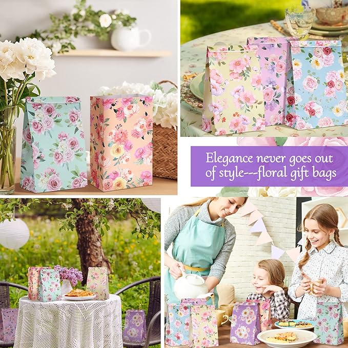 Panelee 24 Pcs Floral Gift Bags Pastel Small Tea Party Favors Flowers Paper Lunch Bag Bulk 8.7x4.7x3 in Goodie Candy Treat Pouches for Wedding Bridal Shower Birthday Mother's Day Decoration