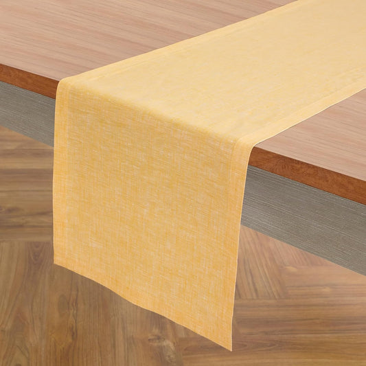 Solino Home Linen Small Table Runner 48 Inches - Athena, 100% Pure Linen Chambray Mustard Yellow Table Runner 14 x 48 Inch Ideal for Dresser and Coffee Tables