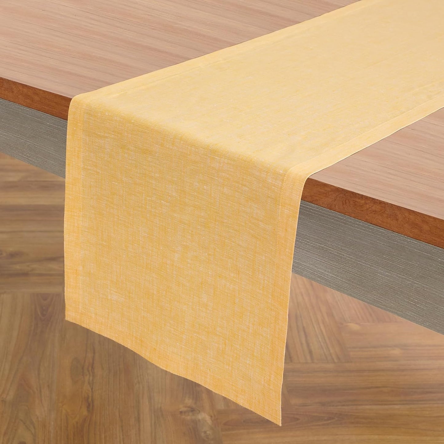 Solino Home Linen Table Runner 108 Inches Long - Athena, 100% Pure Linen Chambray Mustard Yellow Table Runner 14 x 108 Inch for Dining