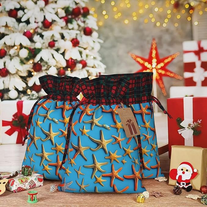 PULaif Blue Background With Many Starfish Christmas Drawstring Gift Bags, Large Size Christmas Bags For Gifts Party Favors, Xmas Gift Bags