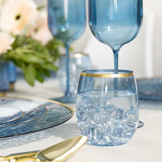 PLASTICPRO 6 Pack Blue With Gold Rim Plastic Wine Glasses Stemless Disposable 12 oz BPA Free Shatterproof Plastic Wine Cups Wine Glasses for Parties