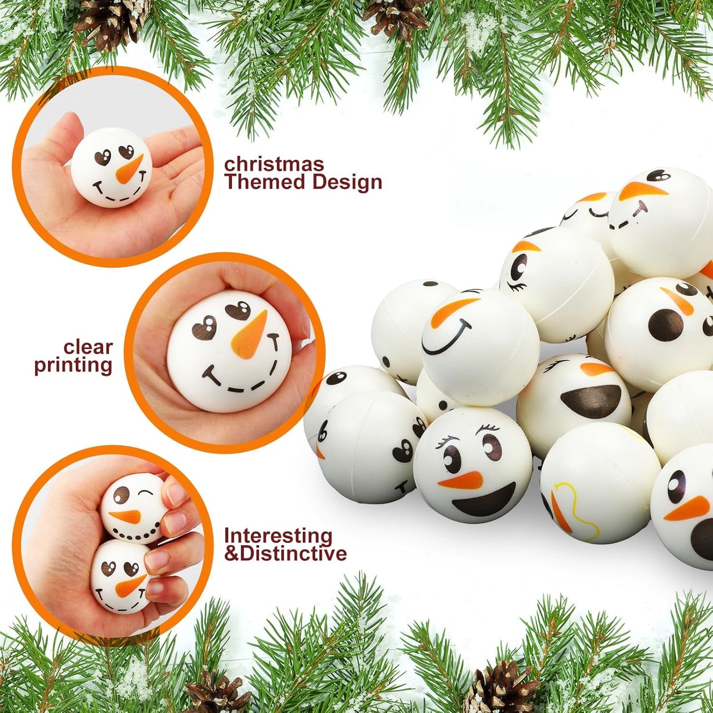 Leyndo 100 Pcs Christmas Stress Ball 1.57 Inch Foam Snowman Stress Relief Snowman Face Small Slow Rising Stress Ball Squeeze Ball for Xmas Party Favor Stocking Stuffer Filler, 32 Styles
