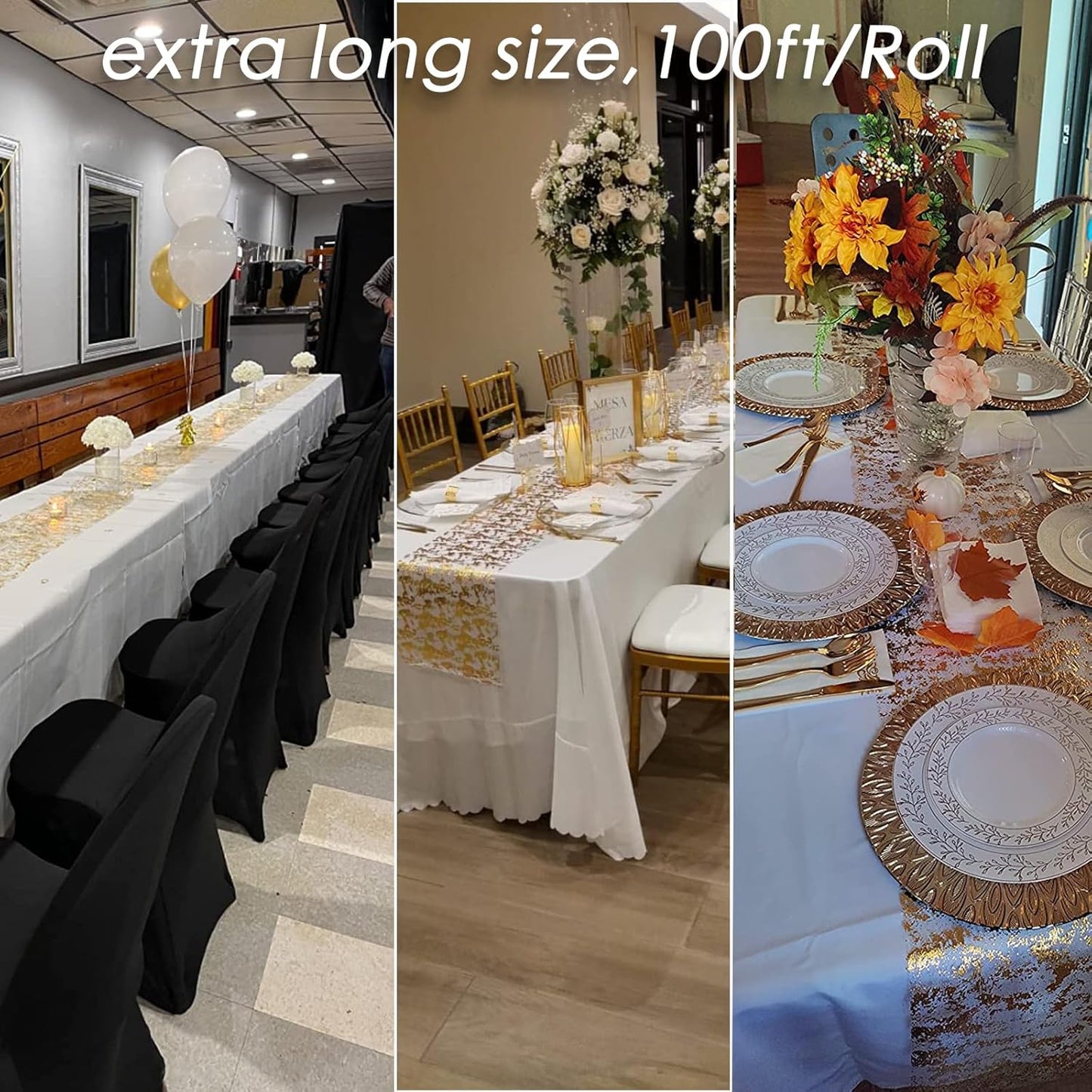 100ft Gold Table Runner - Metallic Golden Party Decorations Gold Tulle Mesh Centerpieces Decor for Birthday, Wedding, Anniversary, Thanksgiving, Christmas,‌ Graduation Party Table Runner
